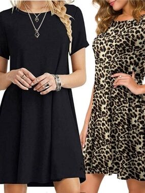 2 Black & Animal Print Bamboo Swing Shirt Dress/Cover-up